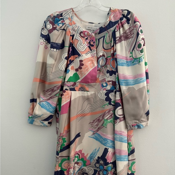 SEE BY CHLOE Dress Colorful Floral Pattern Puff Sleeve Party NWOT Size 2 EU 38 - Picture 5 of 11